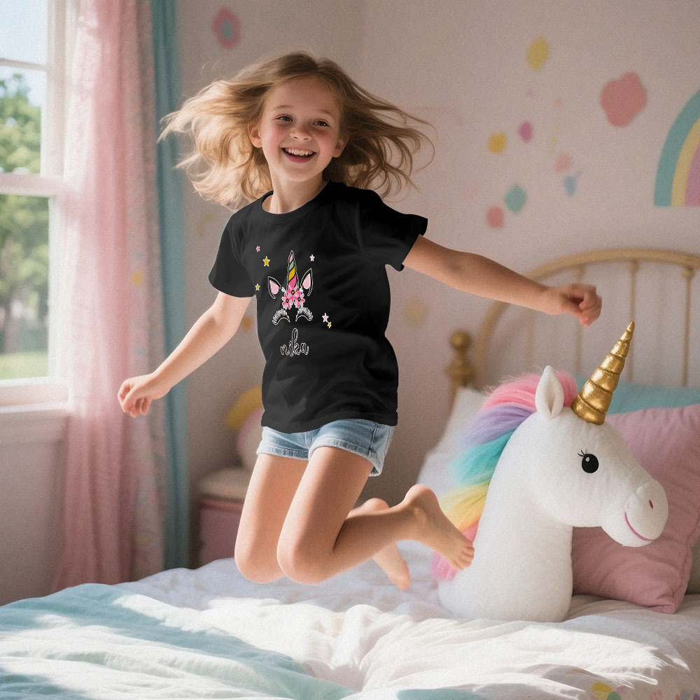 Custom Kid's Pajama Unicorn Style for Little Girls Soft Modal Fabric Homewear, Personalized Pajama Sizes 39in to 59in Short Sleeve & Shorts -