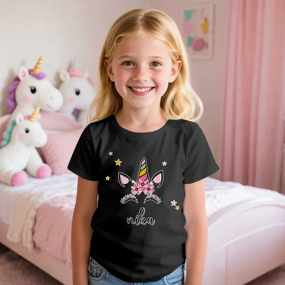 Custom Kid's Pajama Unicorn Style for Little Girls Soft Modal Fabric Homewear, Personalized Pajama Sizes 39in to 59in Short Sleeve & Shorts -