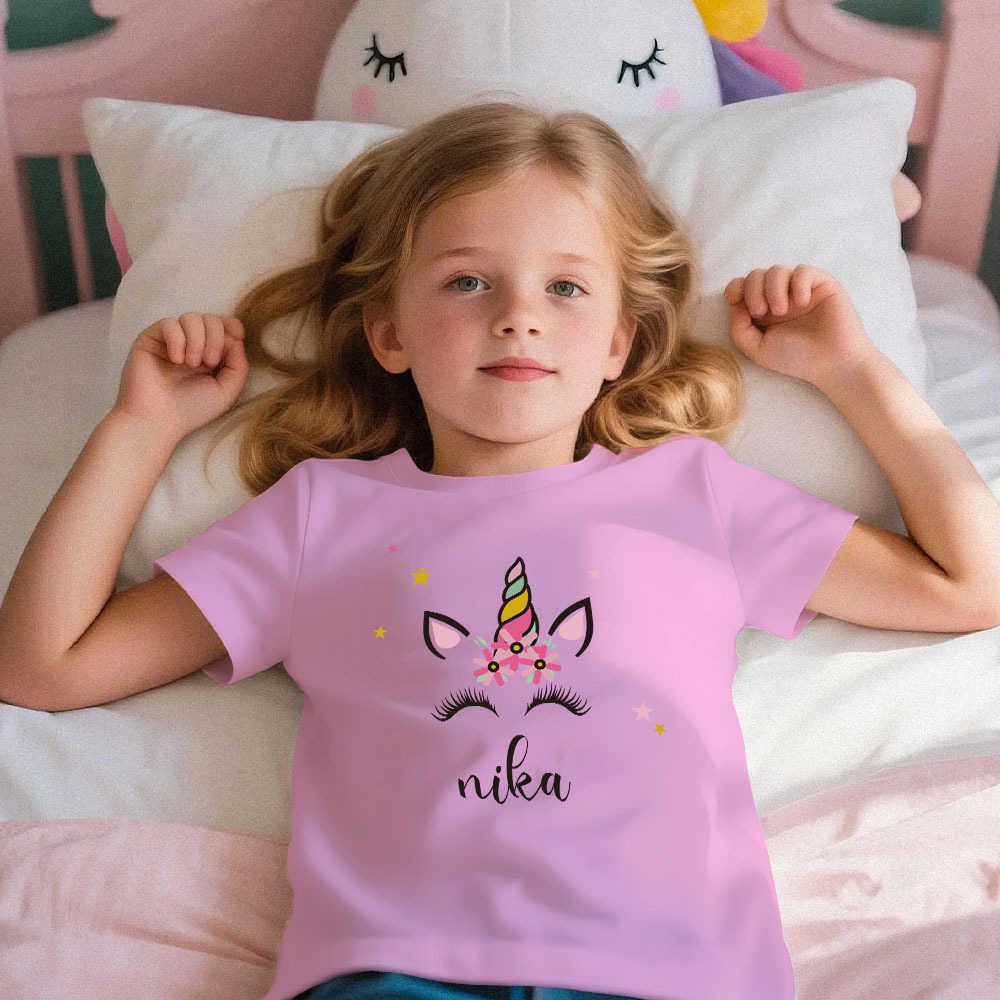 Custom Kid's Pajama Unicorn Style for Little Girls Soft Modal Fabric Homewear, Personalized Pajama Sizes 39in to 59in Short Sleeve & Shorts -