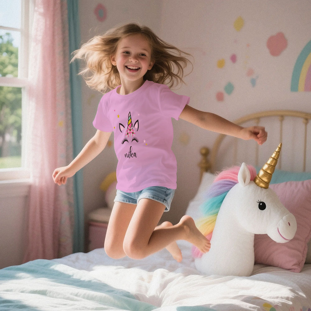 Custom Kid's Pajama Unicorn Style for Little Girls Soft Modal Fabric Homewear, Personalized Pajama Sizes 39in to 59in Short Sleeve & Shorts -
