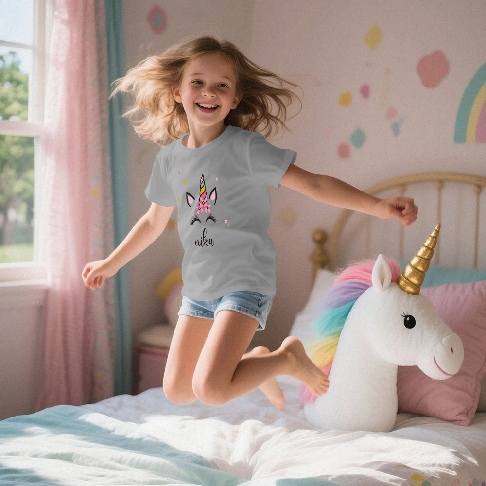Custom Kid's Pajama Unicorn Style for Little Girls Soft Modal Fabric Homewear, Personalized Pajama Sizes 39in to 59in Short Sleeve & Shorts -