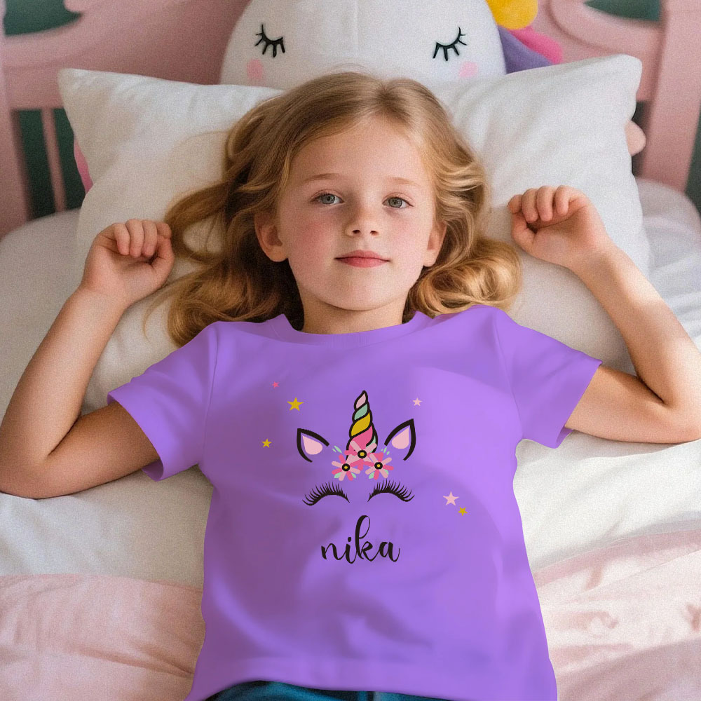Custom Kid's Pajama Unicorn Style for Little Girls Soft Modal Fabric Homewear, Personalized Pajama Sizes 39in to 59in Short Sleeve & Shorts -