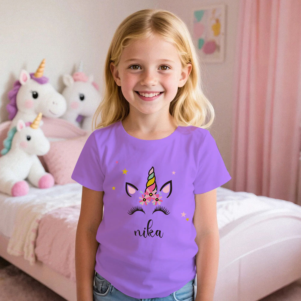 Custom Kid's Pajama Unicorn Style for Little Girls Soft Modal Fabric Homewear, Personalized Pajama Sizes 39in to 59in Short Sleeve & Shorts -