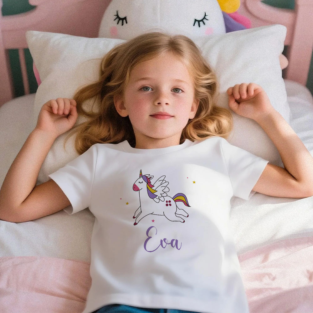Custom Kid's Pajama Unicorn Style for Little Girls Soft Modal Fabric Homewear, Personalized Pajama Sizes 39in to 59in Short Sleeve & Shorts -