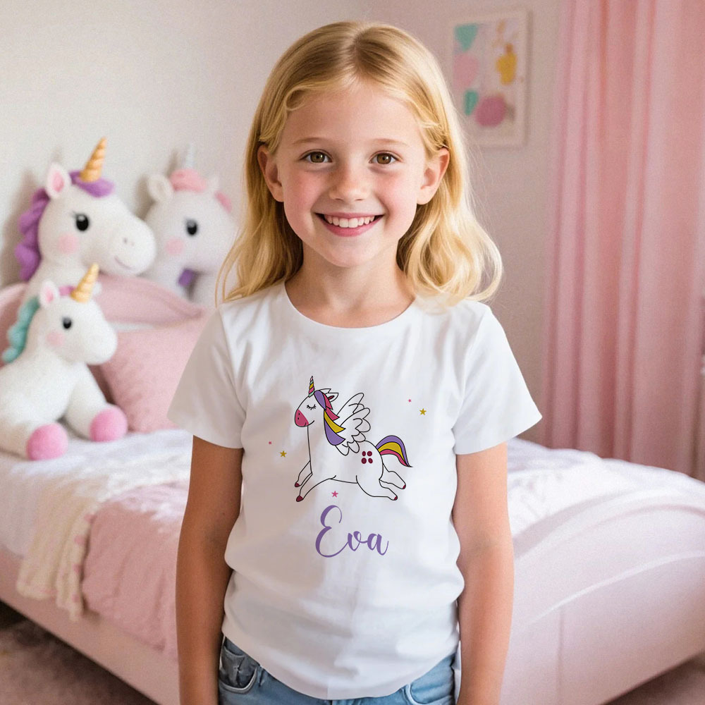 Custom Kid's Pajama Unicorn Style for Little Girls Soft Modal Fabric Homewear, Personalized Pajama Sizes 39in to 59in Short Sleeve & Shorts -