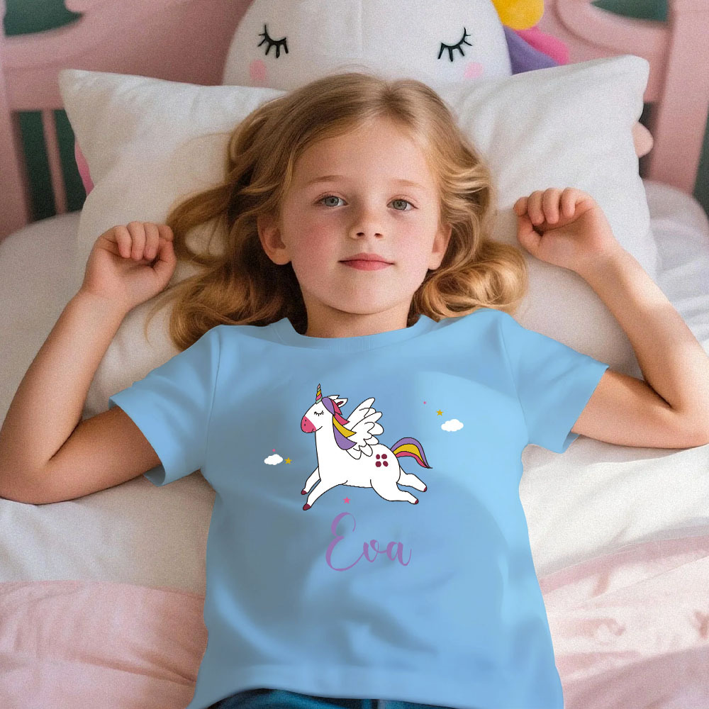 Custom Kid's Pajama Unicorn Style for Little Girls Soft Modal Fabric Homewear, Personalized Pajama Sizes 39in to 59in Short Sleeve & Shorts -