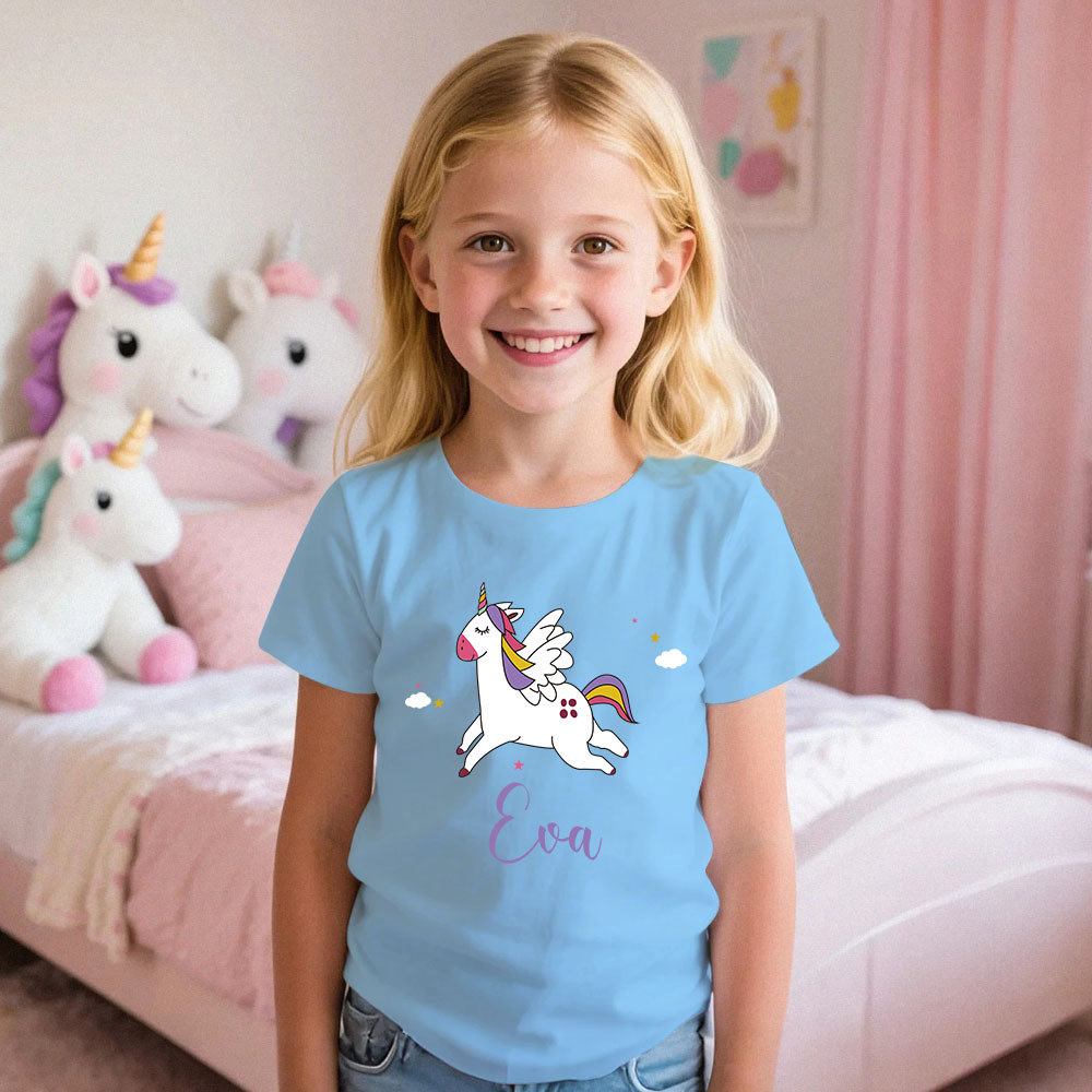 Custom Kid's Pajama Unicorn Style for Little Girls Soft Modal Fabric Homewear, Personalized Pajama Sizes 39in to 59in Short Sleeve & Shorts -