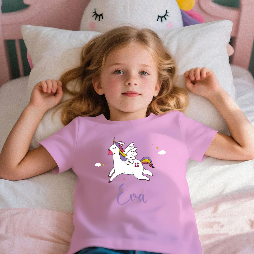 Custom Kid's Pajama Unicorn Style for Little Girls Soft Modal Fabric Homewear, Personalized Pajama Sizes 39in to 59in Short Sleeve & Shorts -