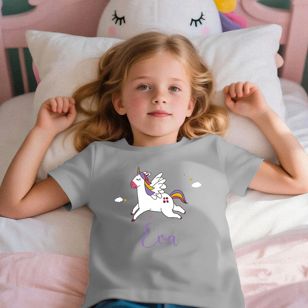 Custom Kid's Pajama Unicorn Style for Little Girls Soft Modal Fabric Homewear, Personalized Pajama Sizes 39in to 59in Short Sleeve & Shorts -
