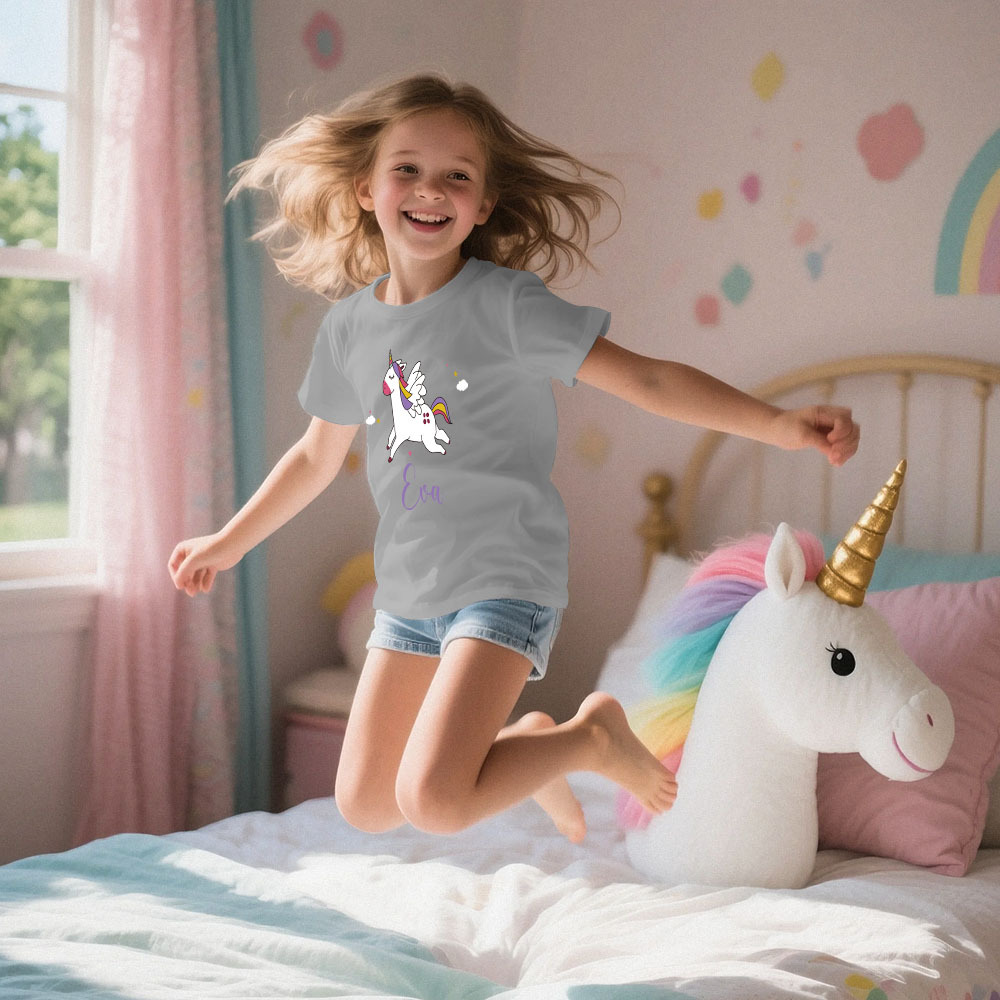 Custom Kid's Pajama Unicorn Style for Little Girls Soft Modal Fabric Homewear, Personalized Pajama Sizes 39in to 59in Short Sleeve & Shorts -