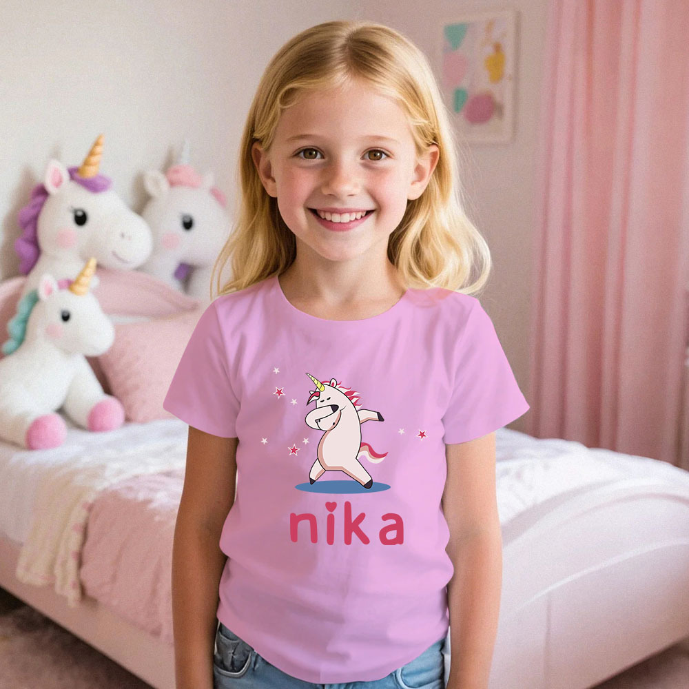 Custom Kid's Pajama Unicorn Style for Little Girls Soft Modal Fabric Homewear, Personalized Pajama Sizes 39in to 59in Short Sleeve & Shorts -