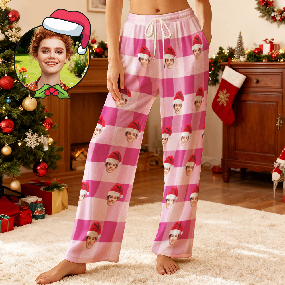 Custom Photo Fleece Pajama Pants for Adults & Kids, Personalized Pet or Face Print on Sleepwear, Christmas Family