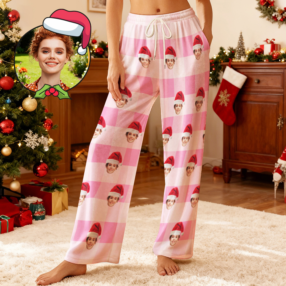 Custom Photo Fleece Pajama Pants for Adults & Kids, Personalized Pet or Face Print on Sleepwear, Christmas Family
