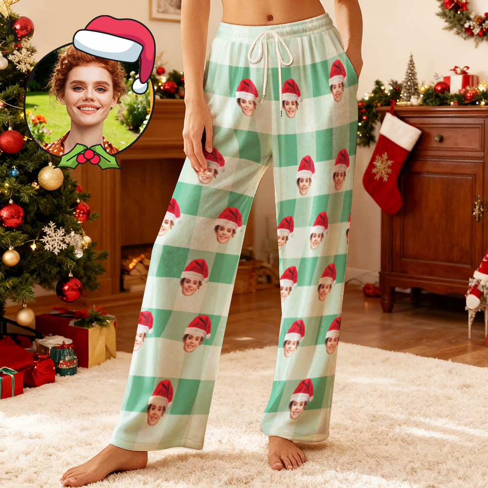 Custom Photo Fleece Pajama Pants for Adults & Kids, Personalized Pet or Face Print on Sleepwear, Christmas Family