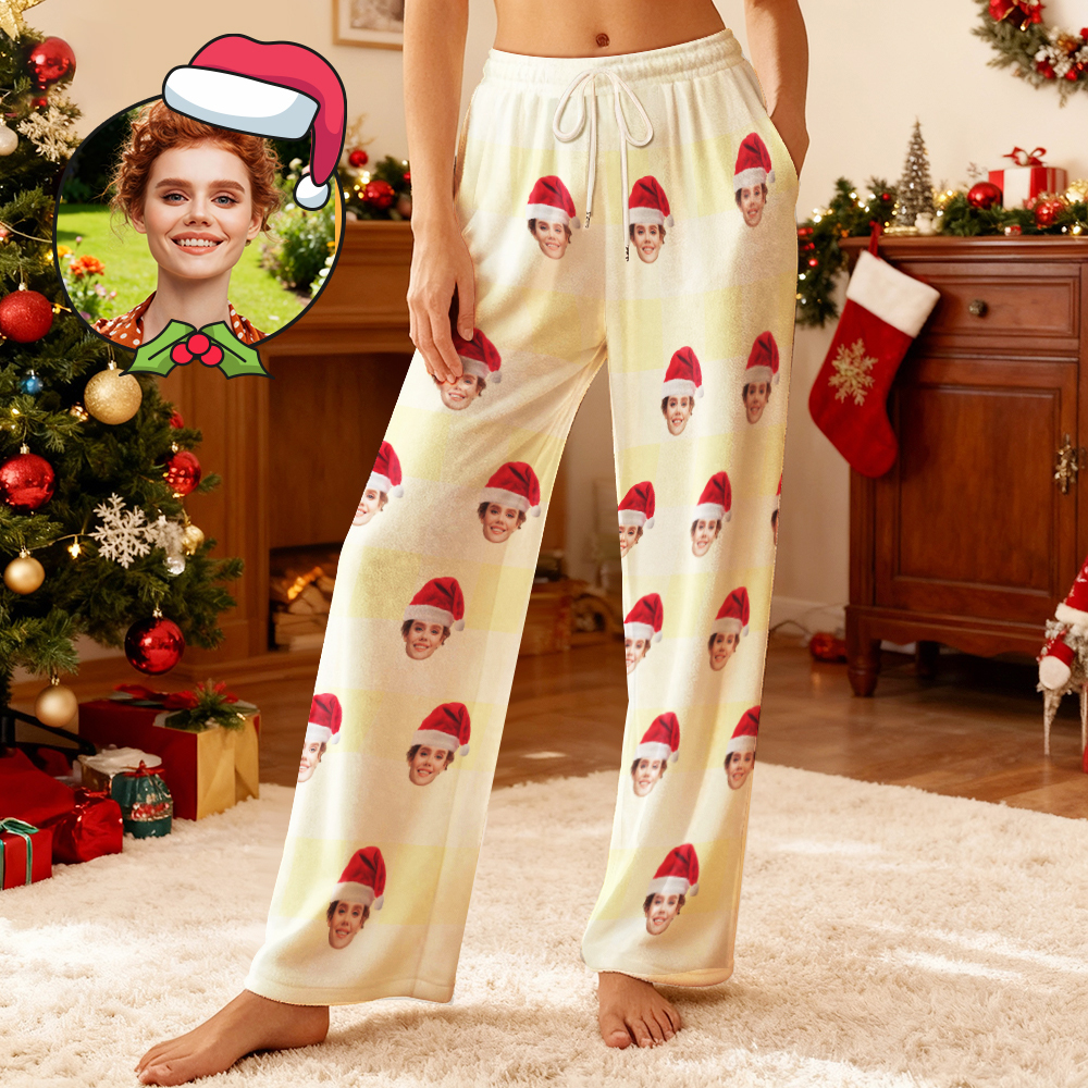 Custom Photo Fleece Pajama Pants for Adults & Kids, Personalized Pet or Face Print on Sleepwear, Christmas Family