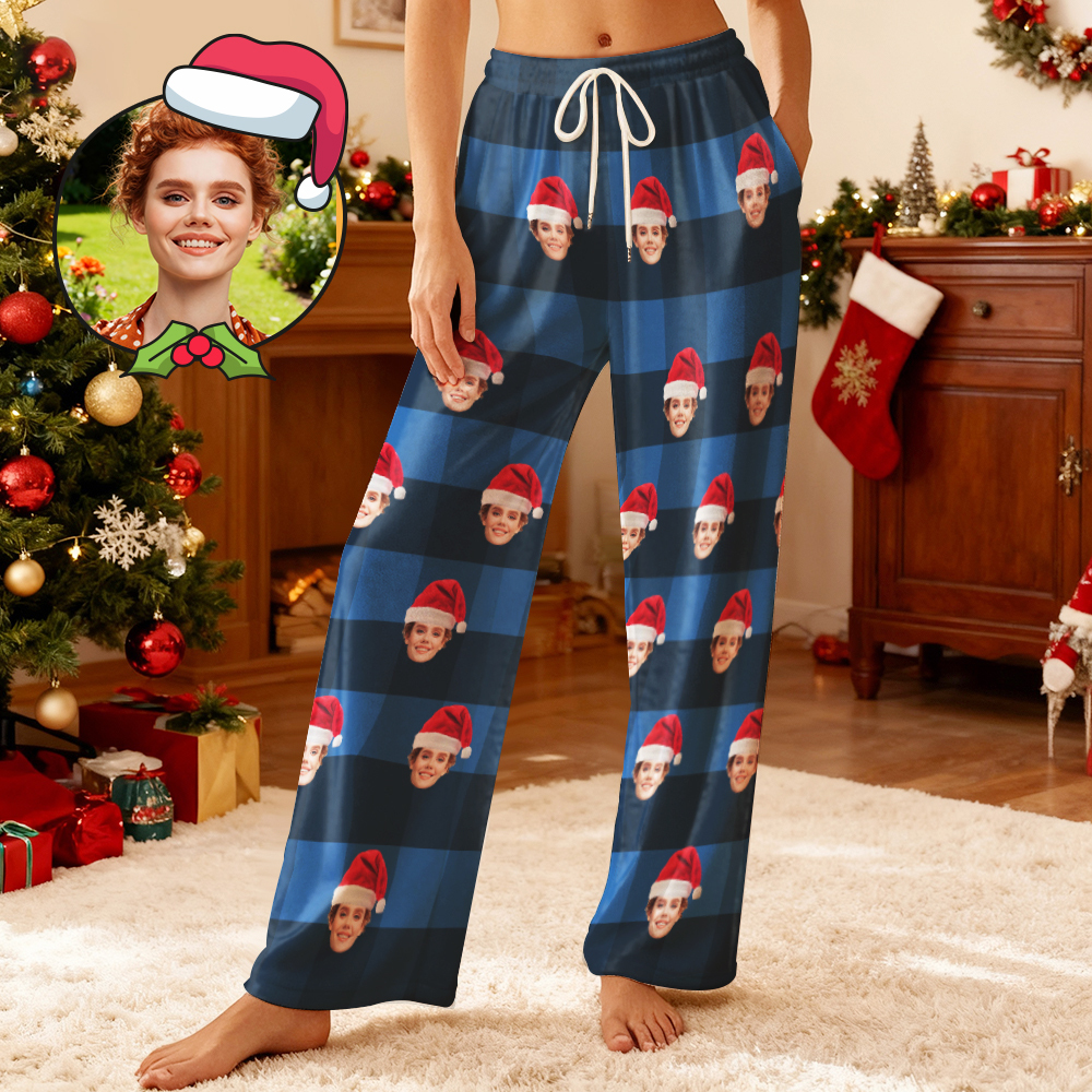 Custom Photo Fleece Pajama Pants for Adults & Kids, Personalized Pet or Face Print on Sleepwear, Christmas Family