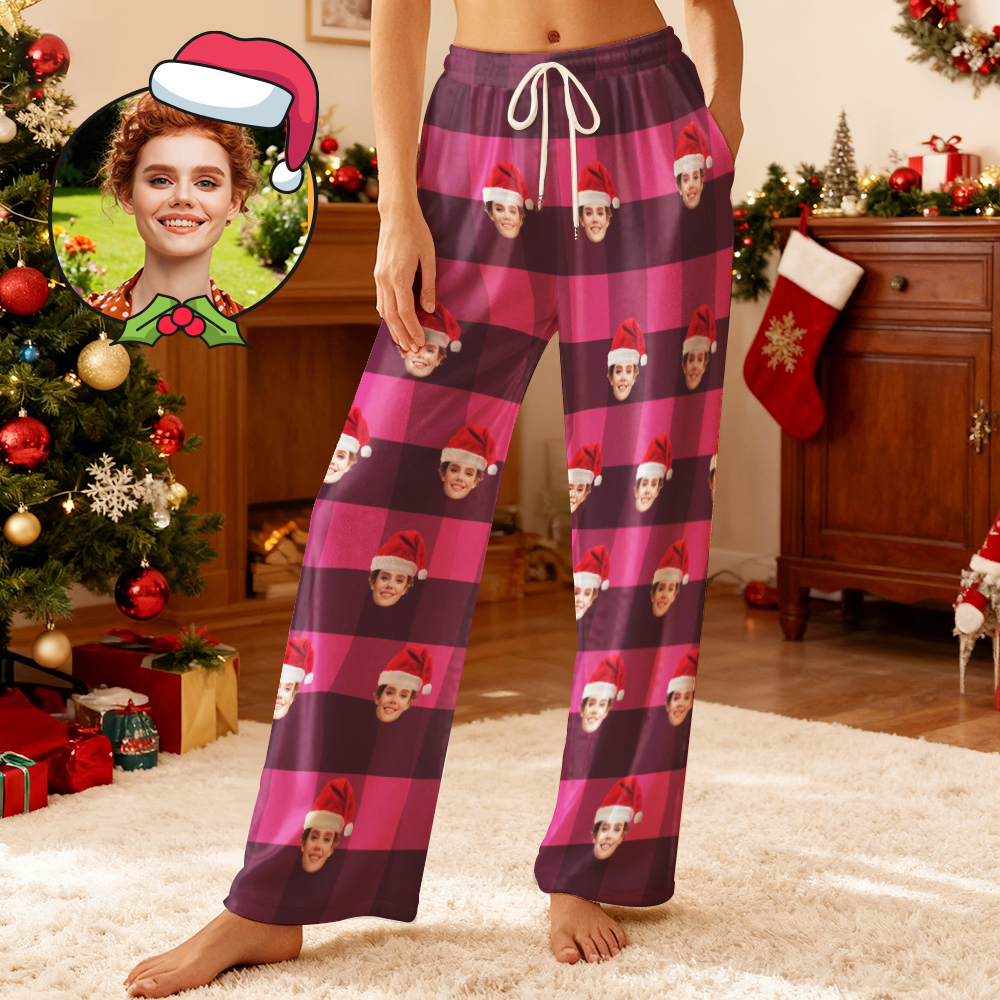 Custom Photo Fleece Pajama Pants for Adults & Kids, Personalized Pet or Face Print on Sleepwear, Christmas Family
