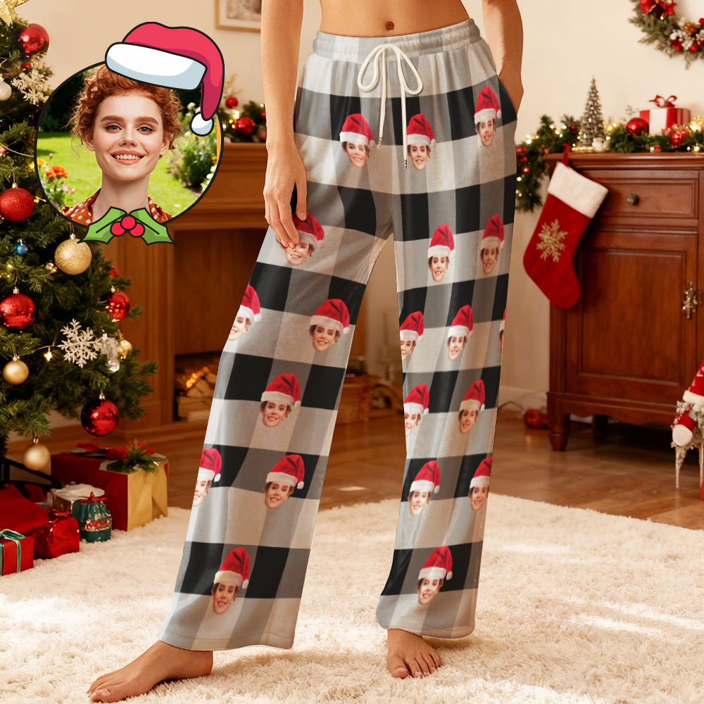 Custom Photo Fleece Pajama Pants for Adults & Kids, Personalized Pet or Face Print on Sleepwear, Christmas Family