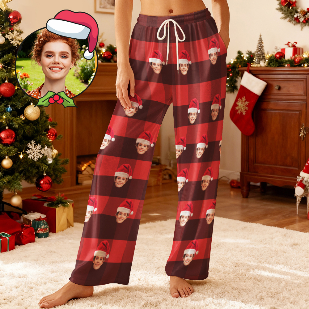 Custom Photo Fleece Pajama Pants for Adults & Kids, Personalized Pet or Face Print on Sleepwear, Christmas Family