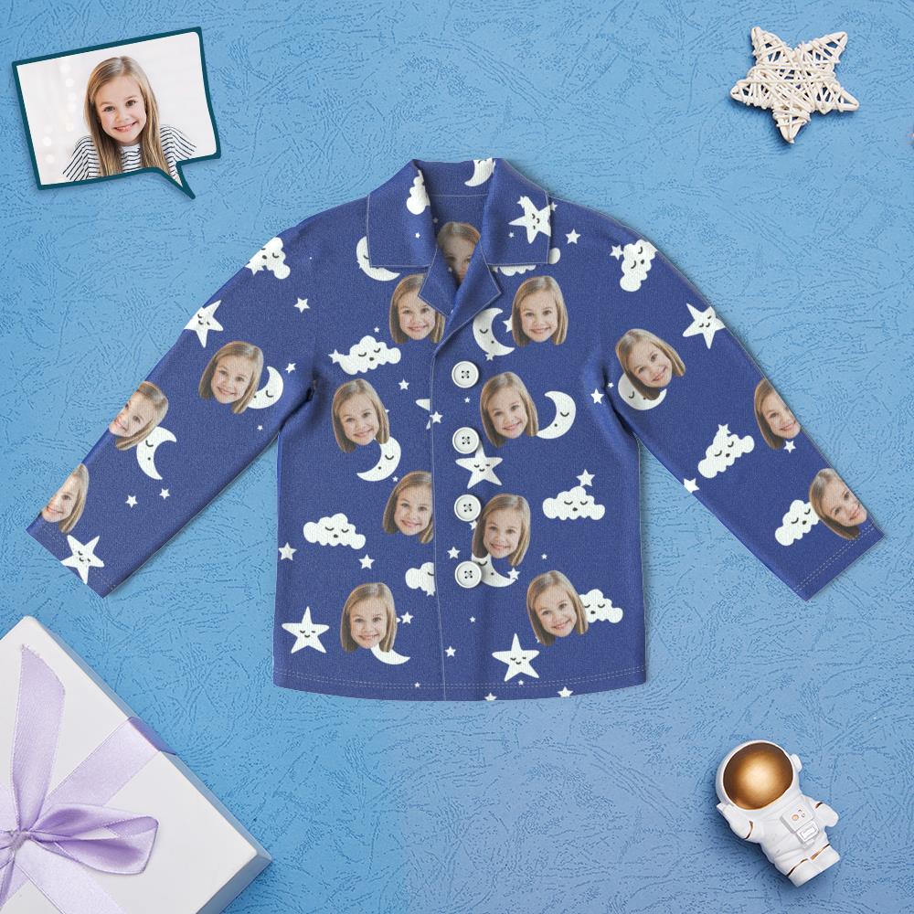Custom Face Children's Pajamas Star Print - Navy Blue Night Suit - 
