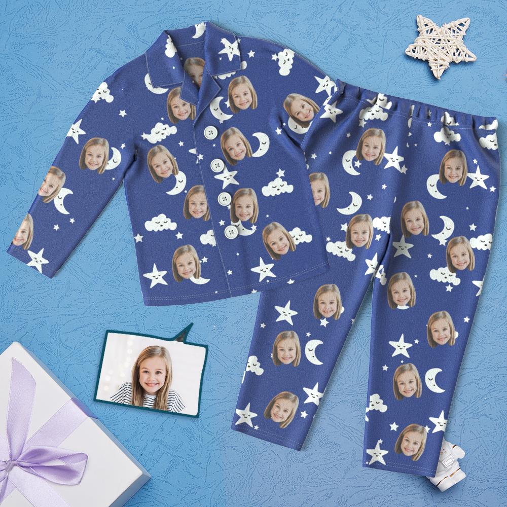 Custom Face Children's Pajamas Star Print - Navy Blue Night Suit - 
