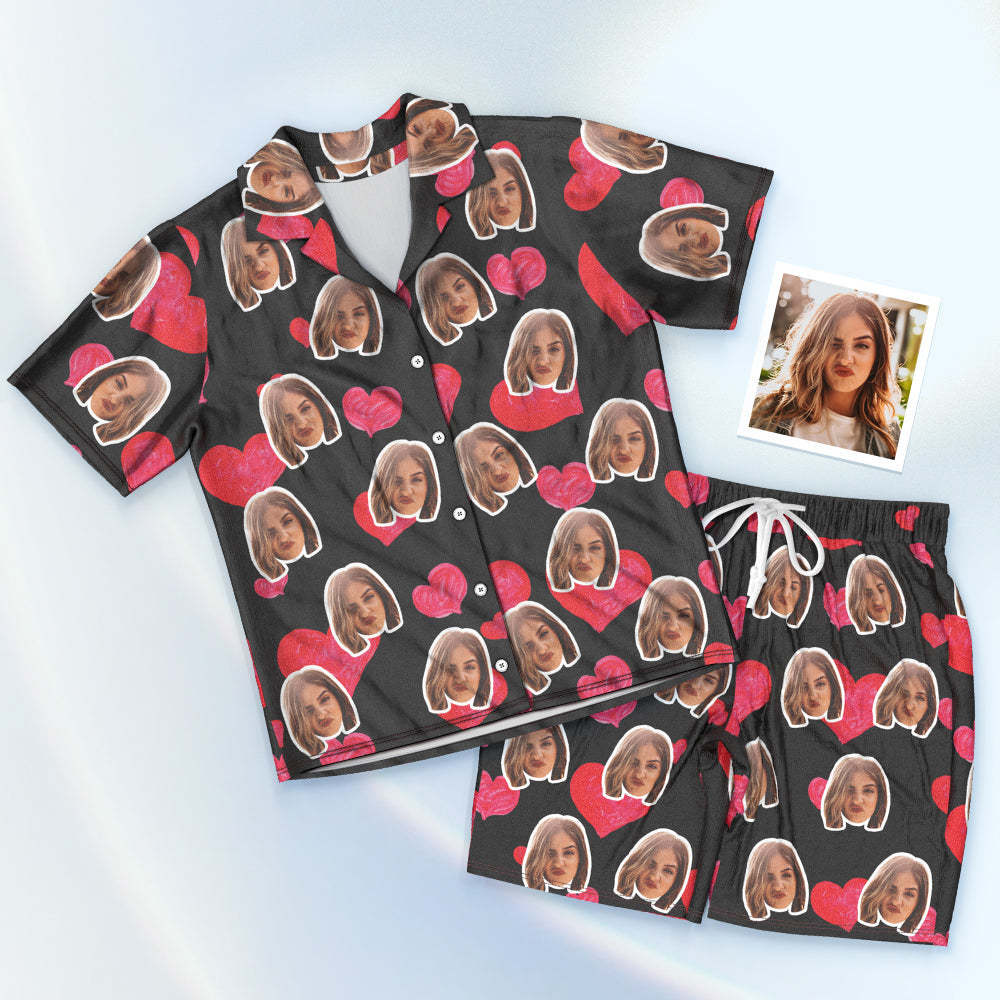 Custom Face Short Sleeved Pajamas Personalised Photo Pajama Women Men Summer Pajamas Summer Gifts - Heart - 