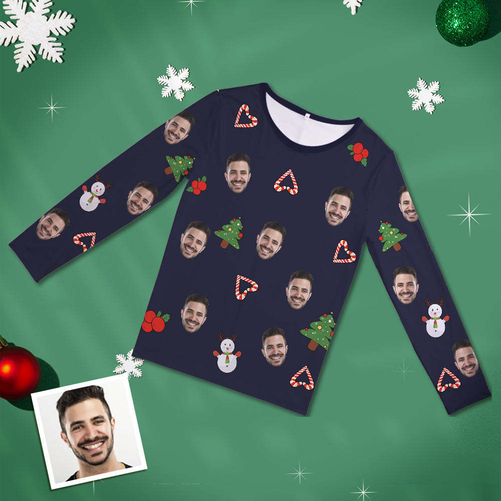 Custom Face Pajamas Personalized Round Neck Long Pajamas For Women - Christmas Snowman - 