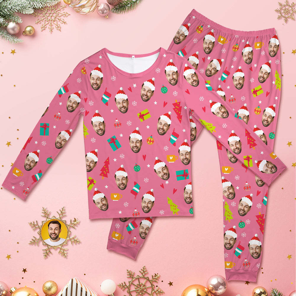 Custom Face Pink Pajamas Personalized Round Neck Funny Christmas Pajamas For Women And Men - 