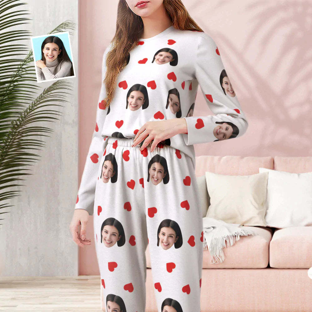 Custom Face Pajamas Personalized Round Neck Love Red Heart Pajamas For Women Valentine's Day Gift - 