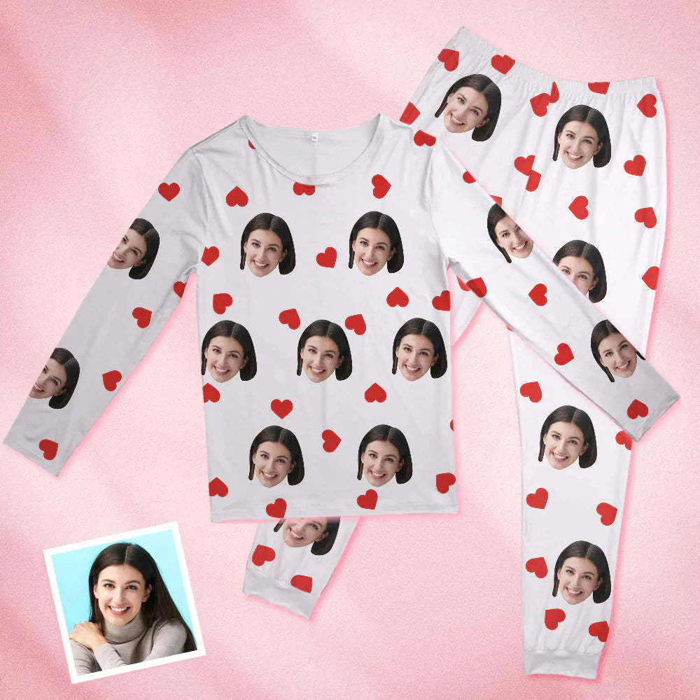 Custom Face Pajamas Personalized Round Neck Love Red Heart Pajamas For Women Valentine's Day Gift - 