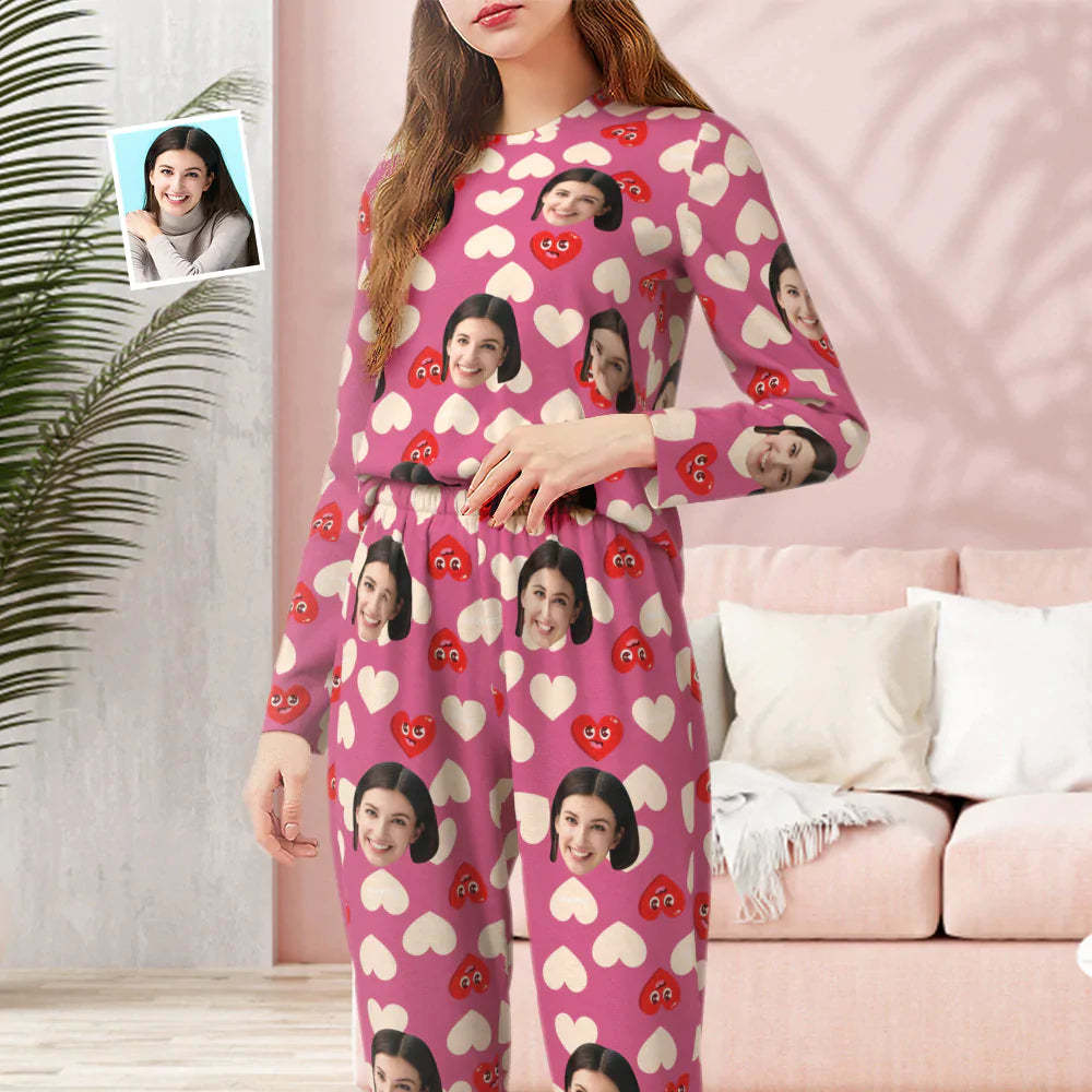 Custom Face Pink Pajamas Personalized Round Neck Love Funny Heart Pajamas For Women Valentine's Day Gift - 