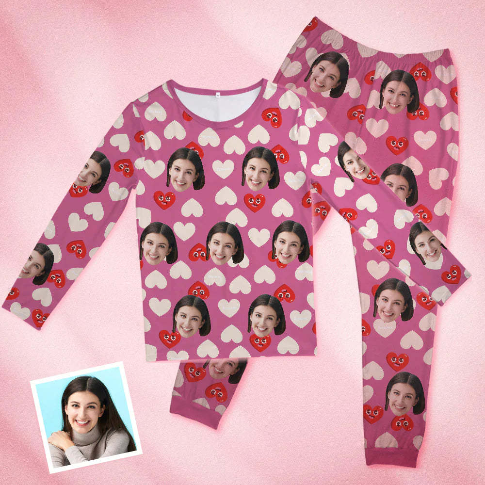 Custom Face Pink Pajamas Personalized Round Neck Love Funny Heart Pajamas For Women Valentine's Day Gift - 