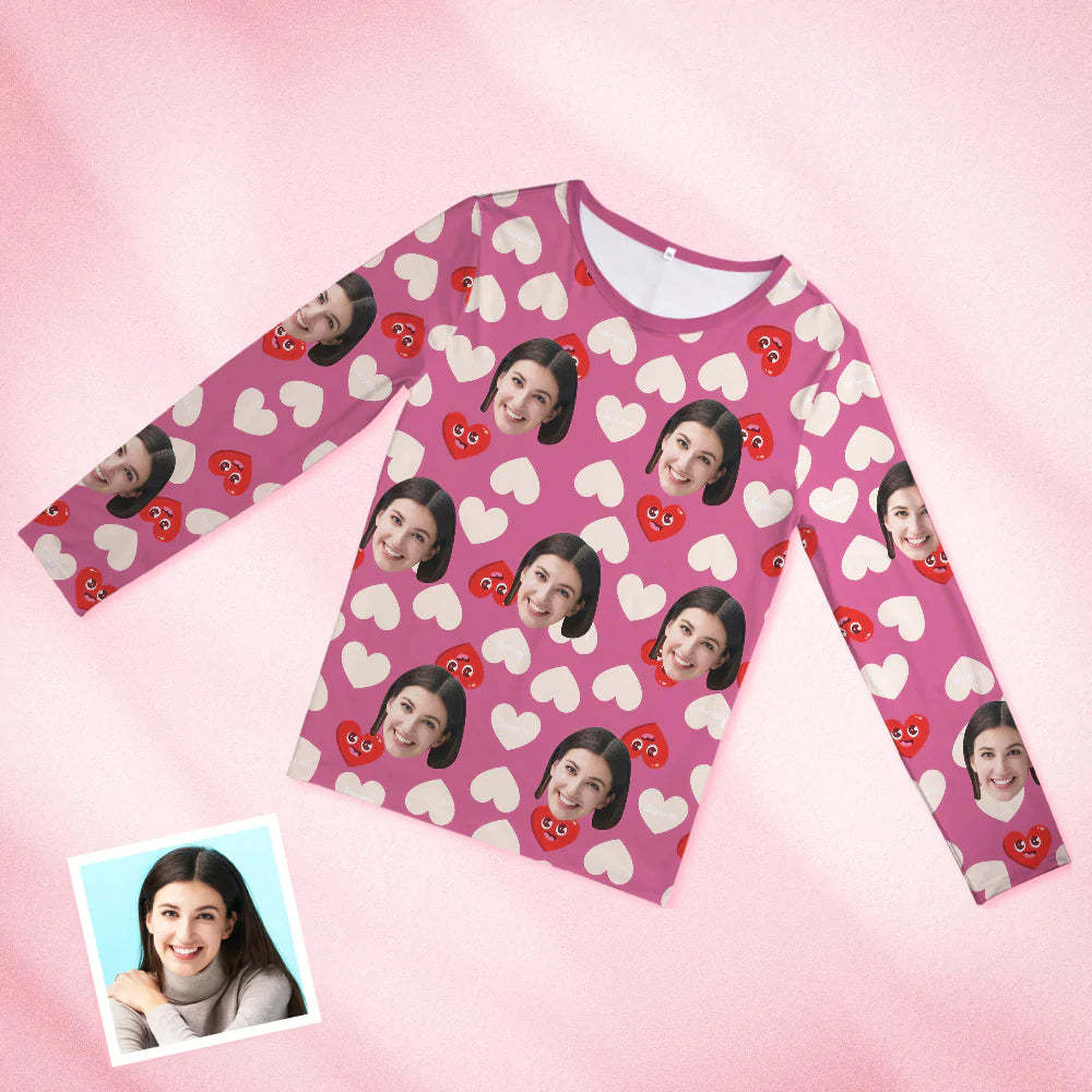 Custom Face Pink Pajamas Personalized Round Neck Love Funny Heart Pajamas For Women Valentine's Day Gift - 