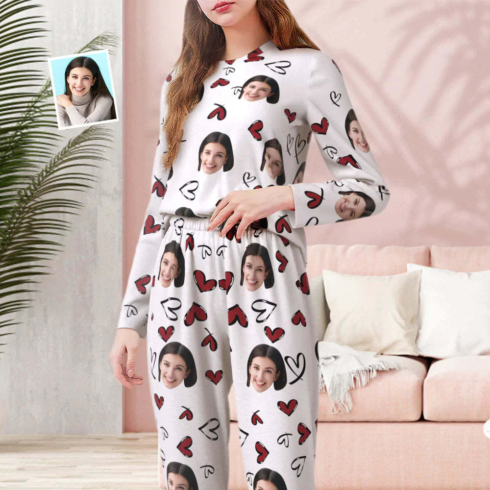 Custom Face White Pajamas Personalized Round Neck Funny Heart Pajamas For Women Valentine's Day Gift - 