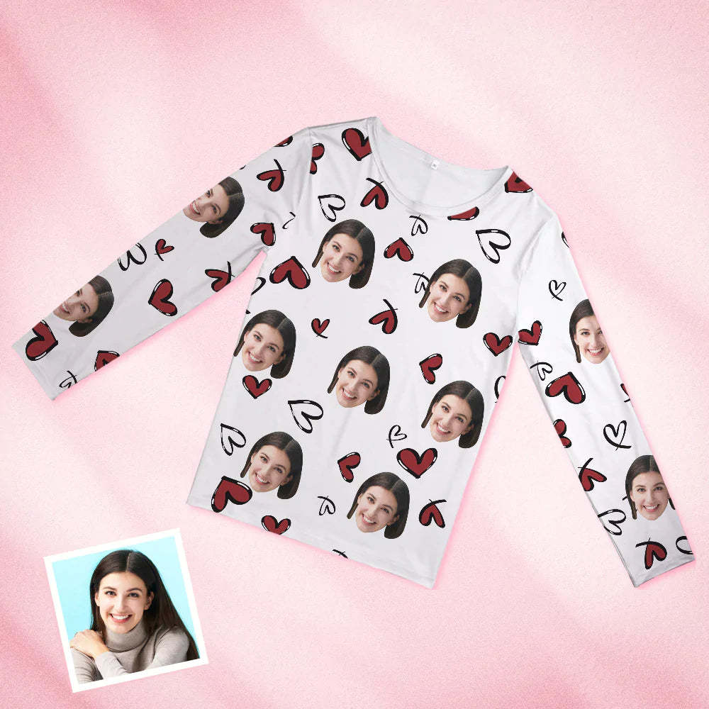 Custom Face White Pajamas Personalized Round Neck Funny Heart Pajamas For Women Valentine's Day Gift - 