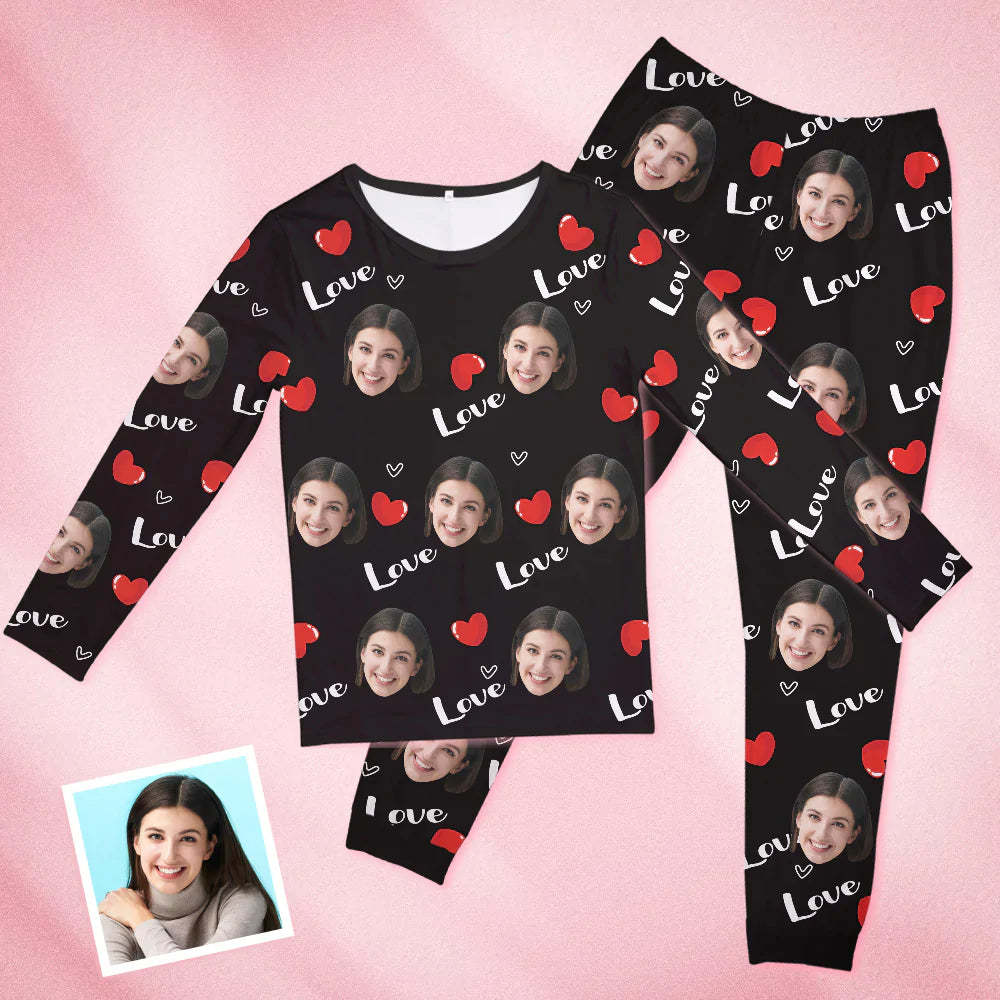 Custom Face Black Pajamas Personalized Round Neck Love Heart Pajamas For Women Valentine's Day Gift - 