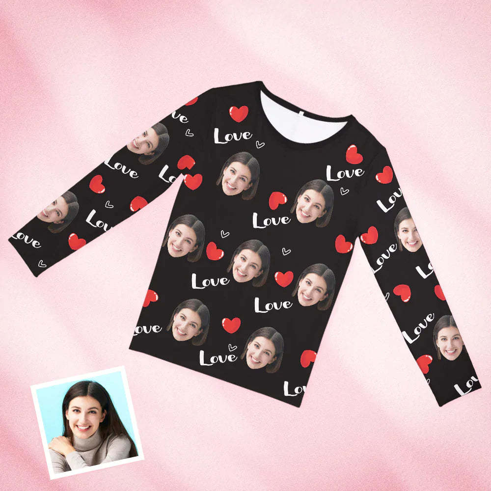 Custom Face Black Pajamas Personalized Round Neck Love Heart Pajamas For Women Valentine's Day Gift - 