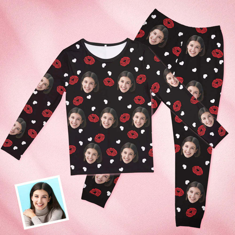Custom Face Black Pajamas Personalized Round Neck Lips And Heart Pajamas For Women Valentine's Day Gift - 