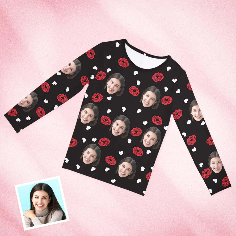 Custom Face Black Pajamas Personalized Round Neck Lips And Heart Pajamas For Women Valentine's Day Gift - 