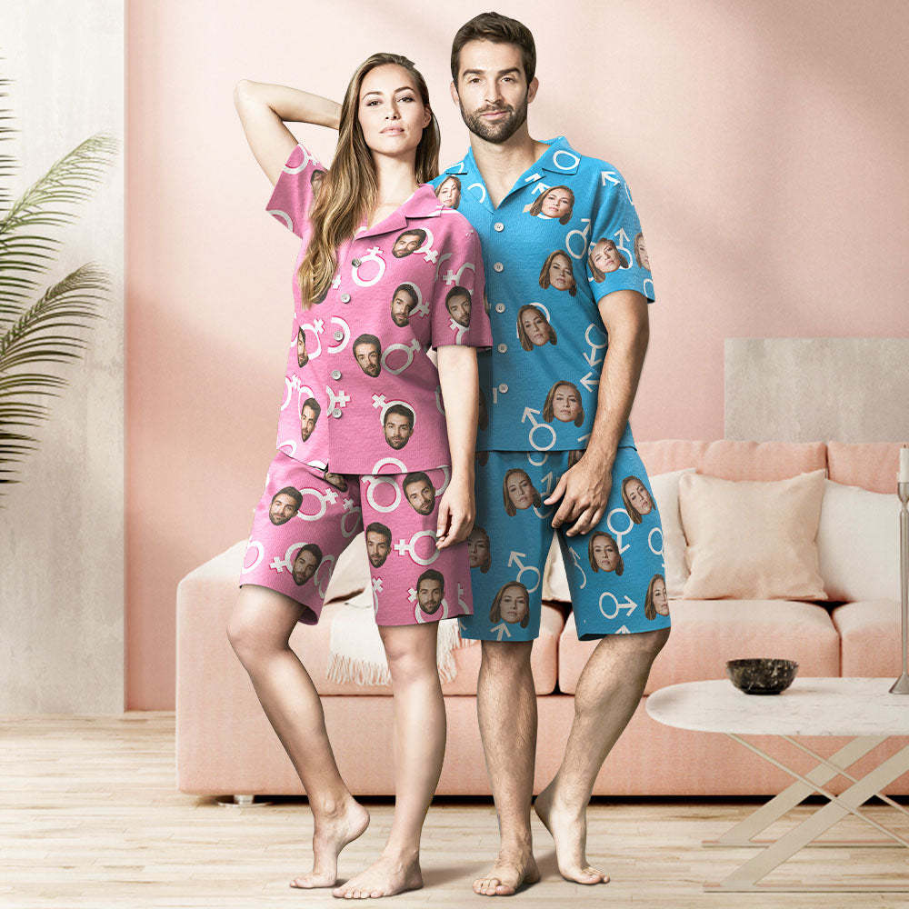 Custom Face Short Pink Sleeved Pajamas Personalized Photo Sleepwear Women Men Summer Pajamas Valentine's Day Gift - 