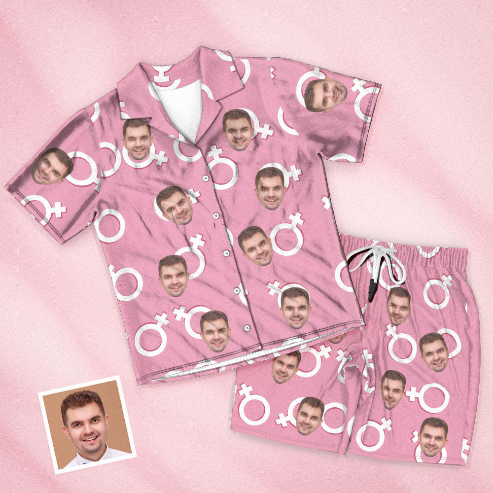 Custom Face Short Pink Sleeved Pajamas Personalized Photo Sleepwear Women Men Summer Pajamas Valentine's Day Gift - 