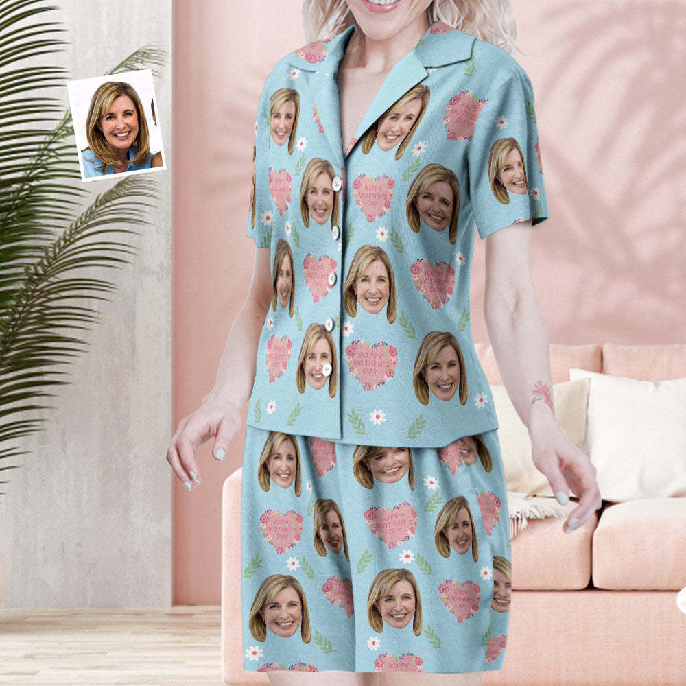 Custom Face Short Sleeved Pajamas Personalized Photo Sleepwear Women Summer Blue Pajamas Happy Mother's Day Gift - 