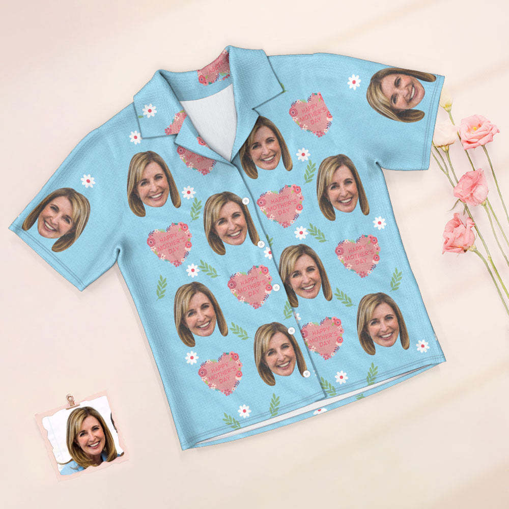 Custom Face Short Sleeved Pajamas Personalized Photo Sleepwear Women Summer Blue Pajamas Happy Mother's Day Gift - 
