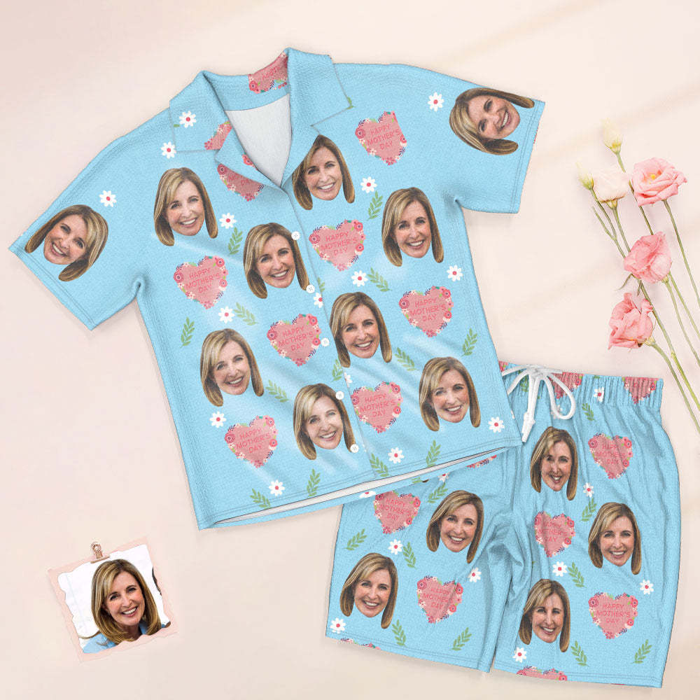 Custom Face Short Sleeved Pajamas Personalized Photo Sleepwear Women Summer Blue Pajamas Happy Mother's Day Gift - 