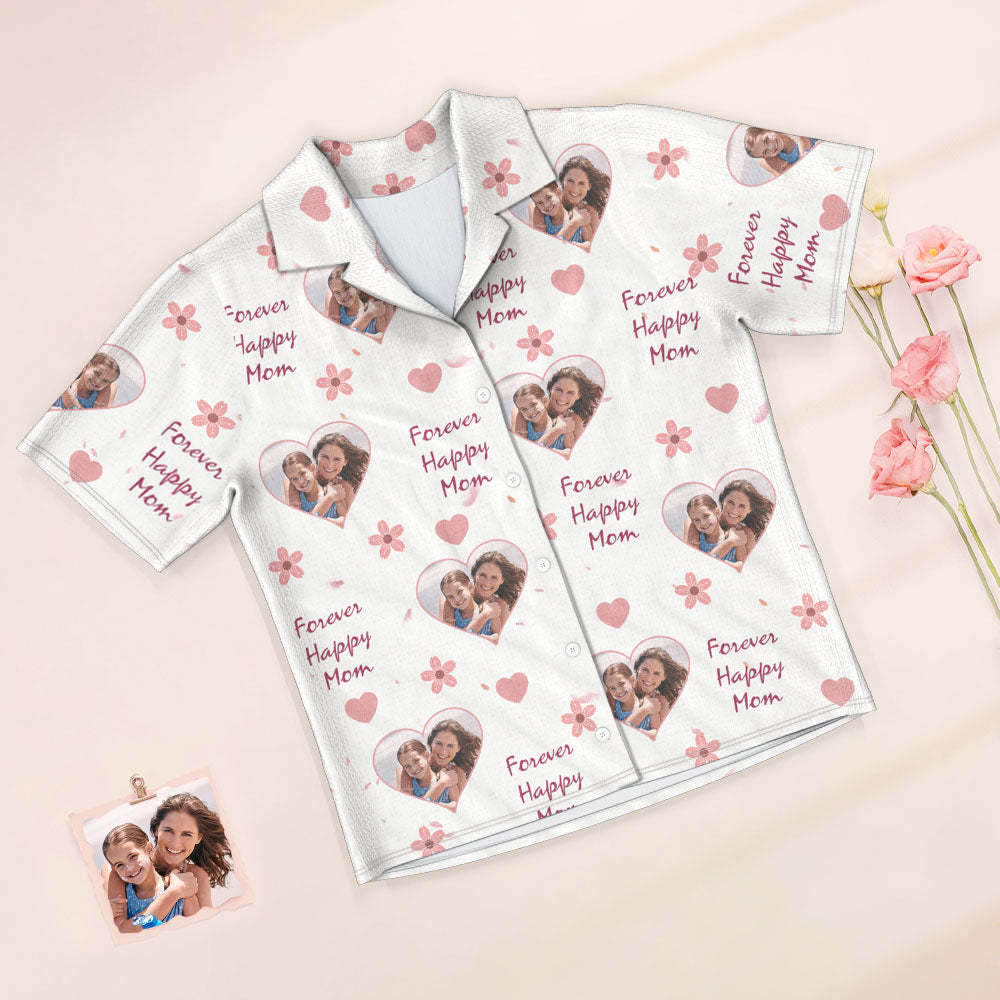 Custom Photo Short Sleeved Pajamas Personalized Sleepwear Women Summer Pajamas Forever Happy Mom - 