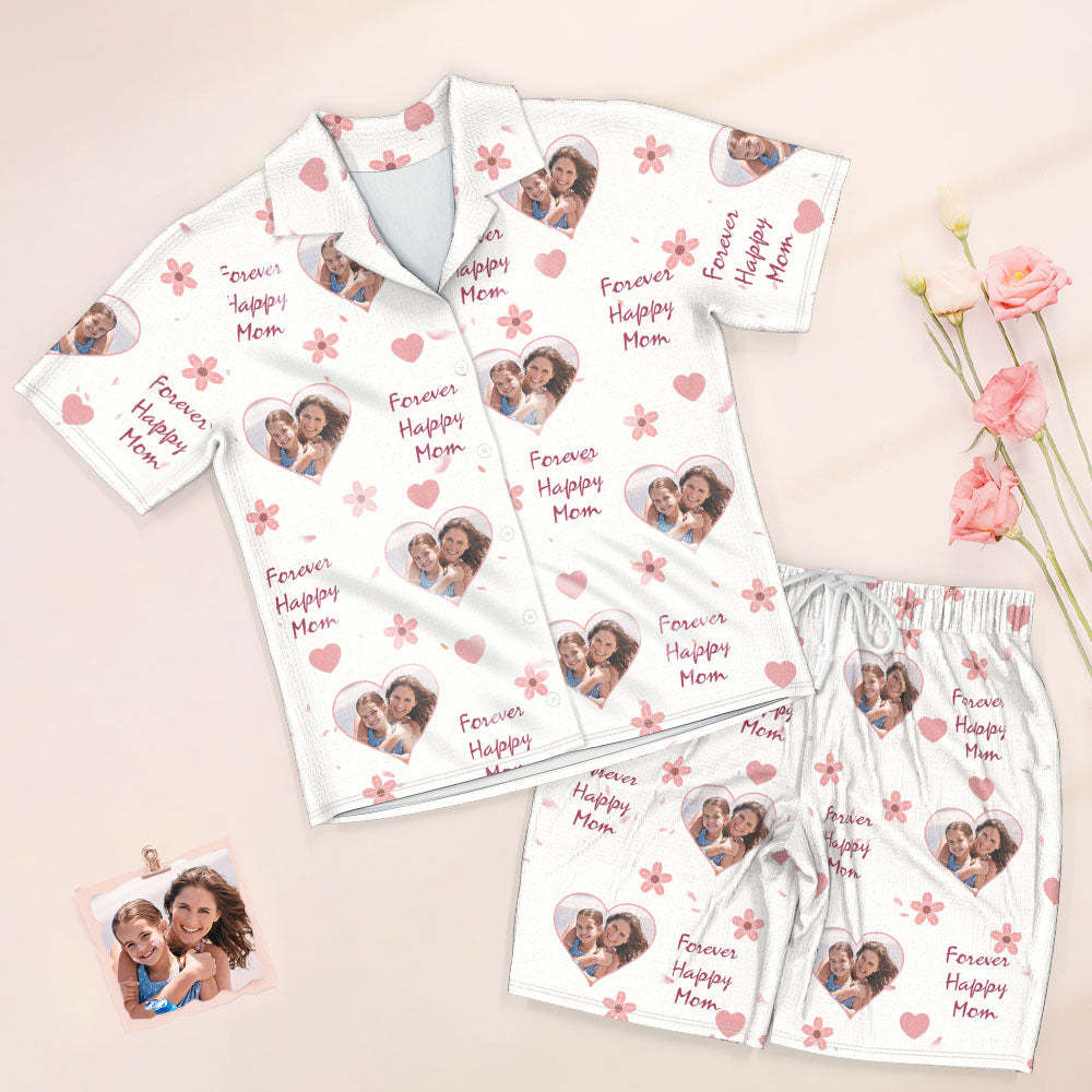 Custom Photo Short Sleeved Pajamas Personalized Sleepwear Women Summer Pajamas Forever Happy Mom - 