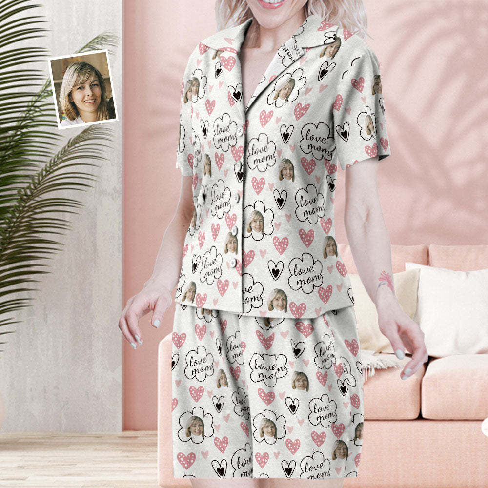 Custom Face Short Sleeved Pajamas Personalized Photo Sleepwear Women Summer Pajamas Love Mom - 
