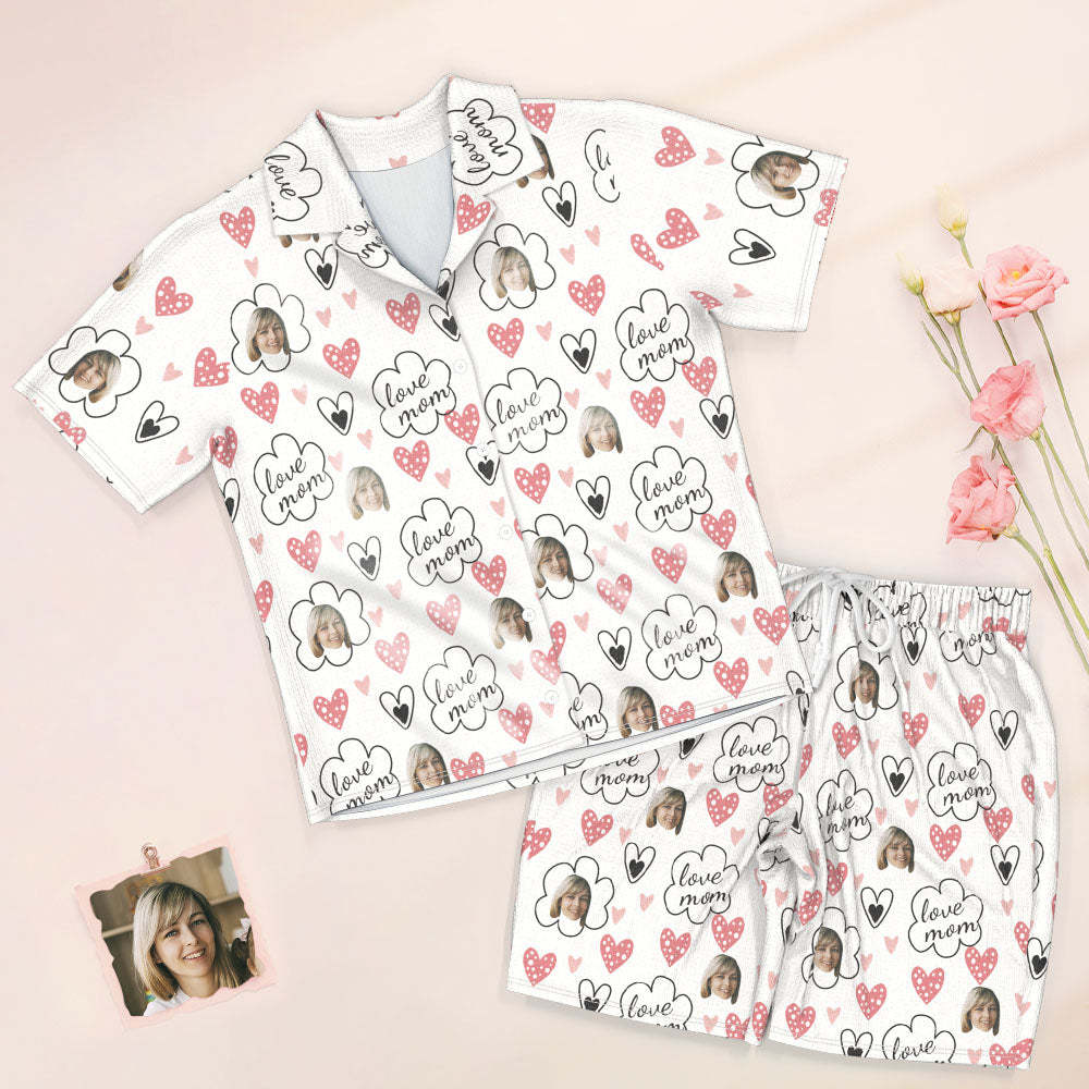 Custom Face Short Sleeved Pajamas Personalized Photo Sleepwear Women Summer Pajamas Love Mom - 
