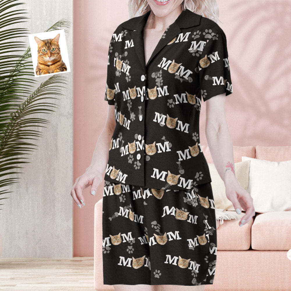 Custom Face Short Sleeved Pajamas Personalized Photo Sleepwear Women Summer Black Pajamas Cat Mom - 
