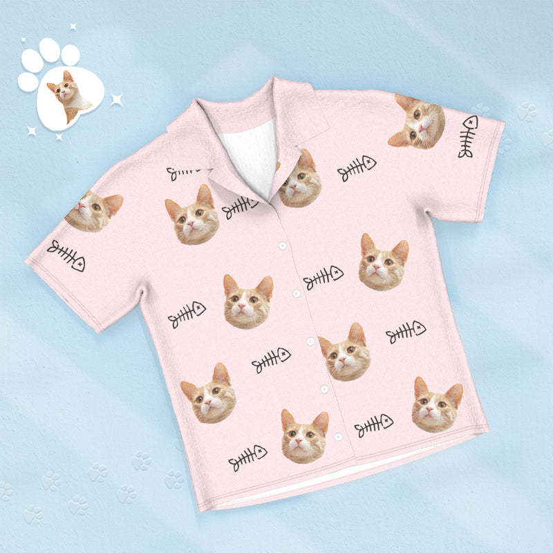Custom Face Short Sleeved Pajamas Personalized Cat Sleepwear With Fish Women Men Pajamas - 